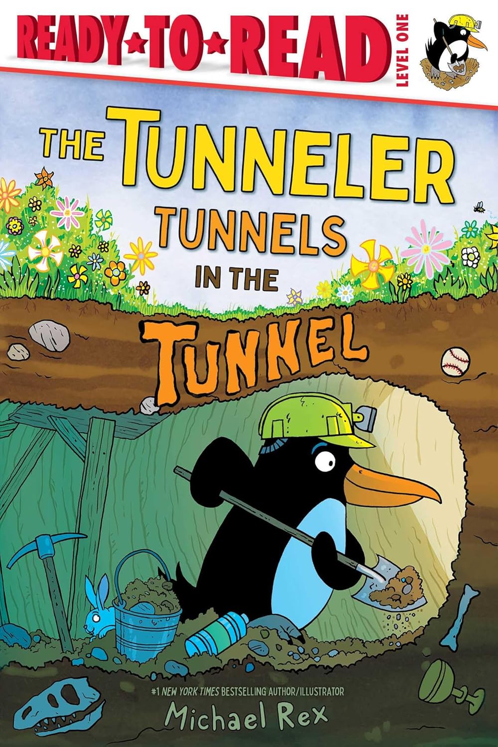 A penguin in a hardhat digs in a tunnel, popping up in different places, visiting a gardener, a farmer, a banker and others until he and everybody along the way reach a surprise ending.